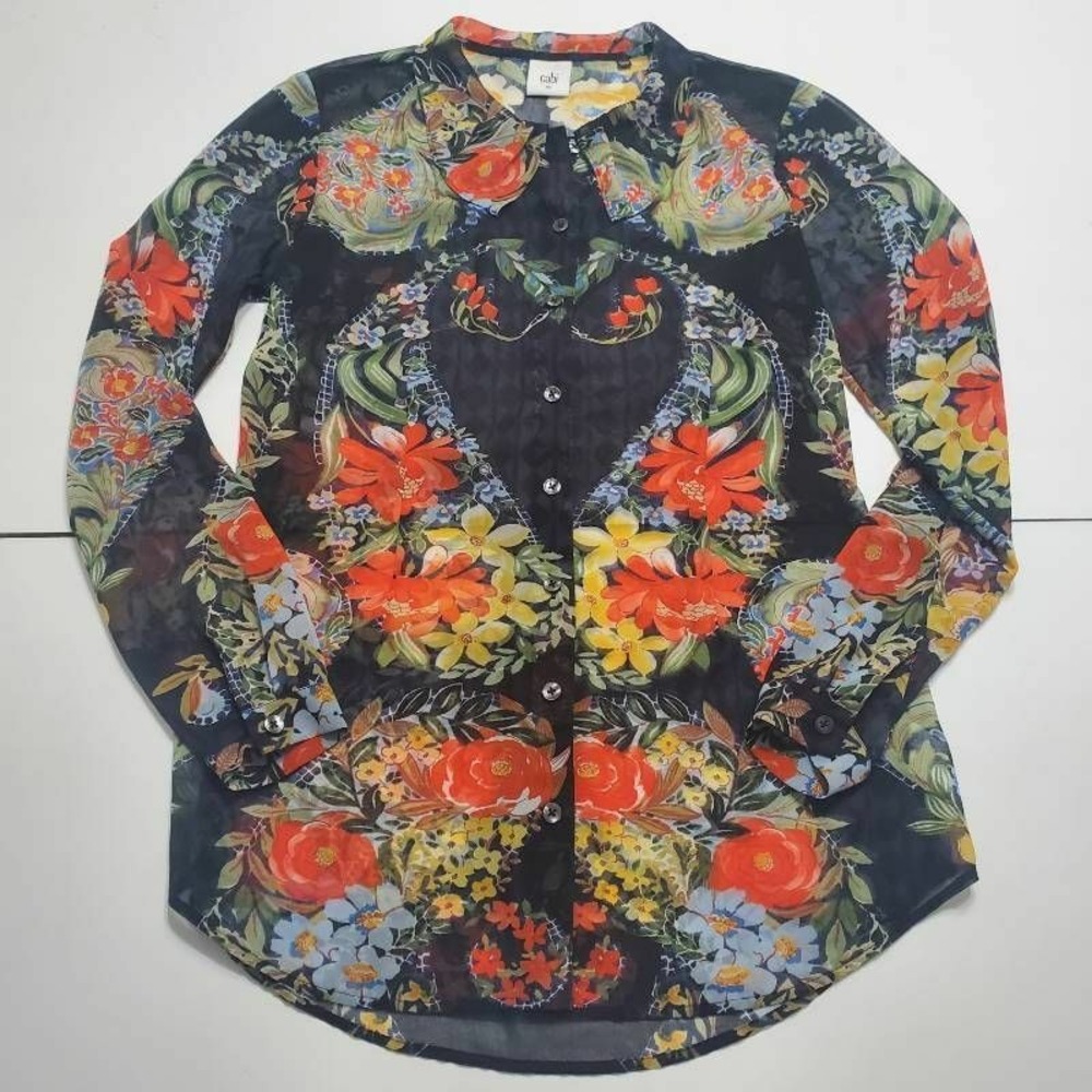 Cabi Womens Amour Button Up Shirt Black Red Floral Long Sleeve Collared Sheer XS